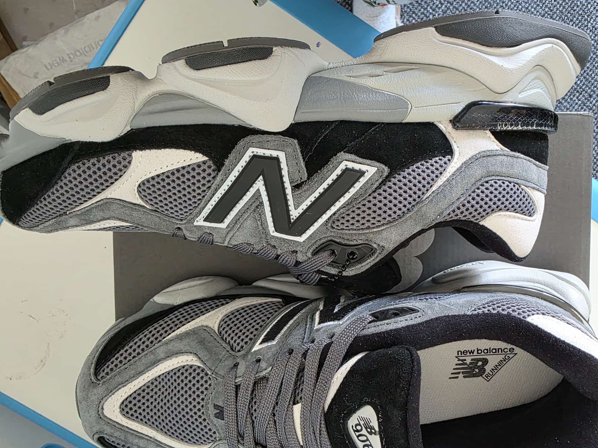 Top view of New Balance 9060s shoes showcasing their sleek design and comfortable fit.